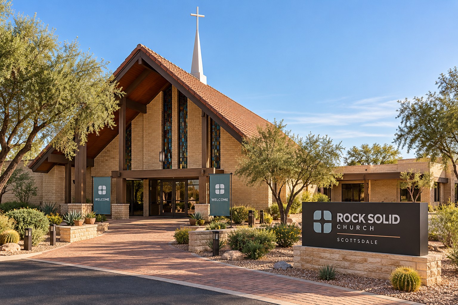 Scottsdale's traditional brick sanctuary, with a terracotta gable, steeple, stained glass, and restrained Rock Solid Church branding.