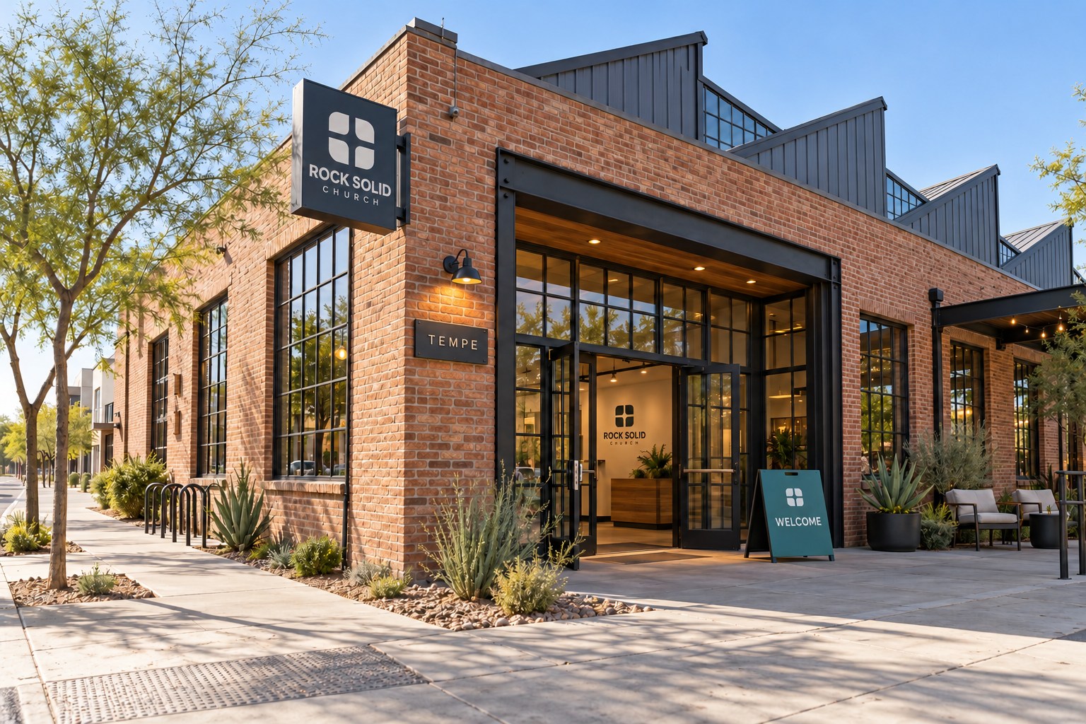 Tempe's urban brick warehouse campus, with a sawtooth roof, factory windows, blade sign, and empty Sunday-ready entrance.