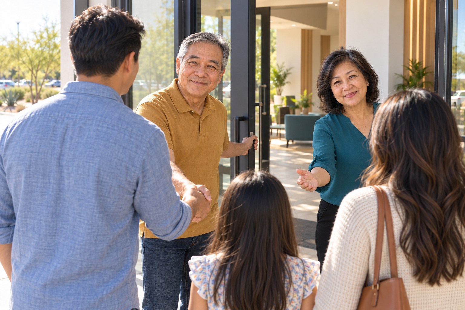 Larry and Deb Bell greeting a young family at the church's front doors on a sunny morning.