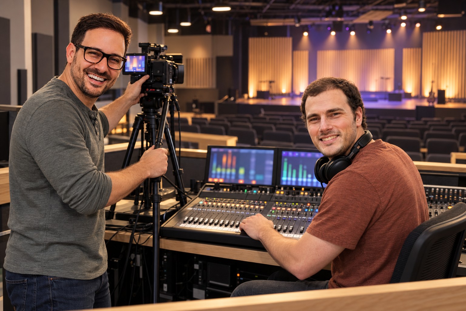 Ted Decker and Jim Simmons running sound and cameras in the production booth during a service.
